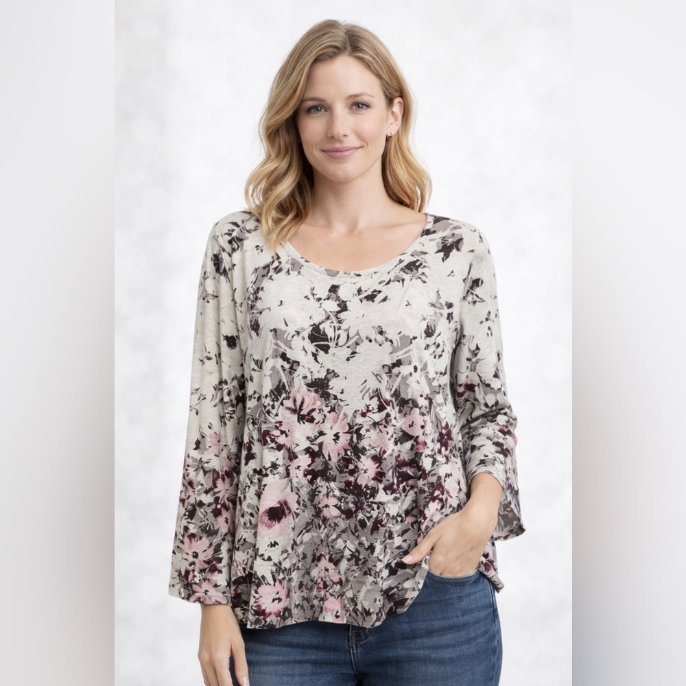 Pure Jill‎ Scoop Neck High Low Floral Print Long Sleeve Cotton Top Size Small